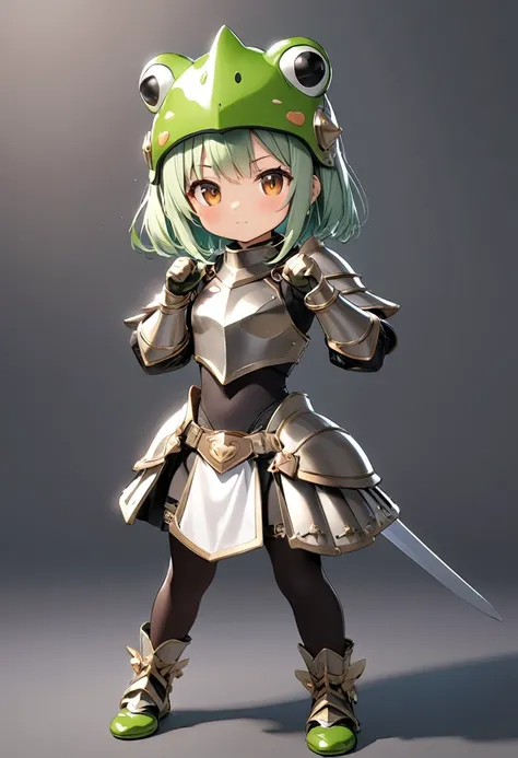 (masterpiece, best quality),a knight Girl, She wears frog motif knight armor and frog motif helmet,hero pose,with sword,fullbody,simple background, BREAK (tween,cute,tanned dark skin,lightgreen hair,side bangs,small breast),,octane rendering,