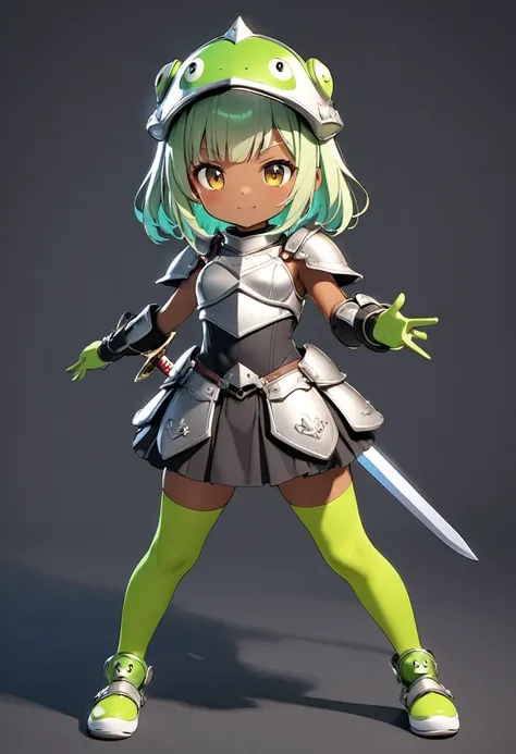 (masterpiece, best quality),a knight Girl, She wears frog motif knight armor and frog motif helmet,hero pose,with sword,fullbody,simple background, BREAK (tween,cute,tanned dark skin,lightgreen hair,side bangs,small breast),,octane rendering,