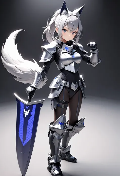 (masterpiece, best quality),a knight Girl, She wears wolf motif knight armor and (silver wolf motif helmet),hero pose,with sword,fullbody,simple background, BREAK (15yo,cute,silver hair,ponytail,gloves,middle small breasts,wolf-tail,),,octane rendering,