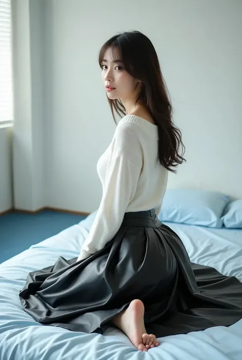 A beautiful lady, asian, Japanese, 
Long hair, Low height, 
kneeling on white big bed in front of white wall in a new office with light blue carpet, Wearing a white sweater, 
Wearing a shiny black leather big a-line full circle long skirt midi length cover...