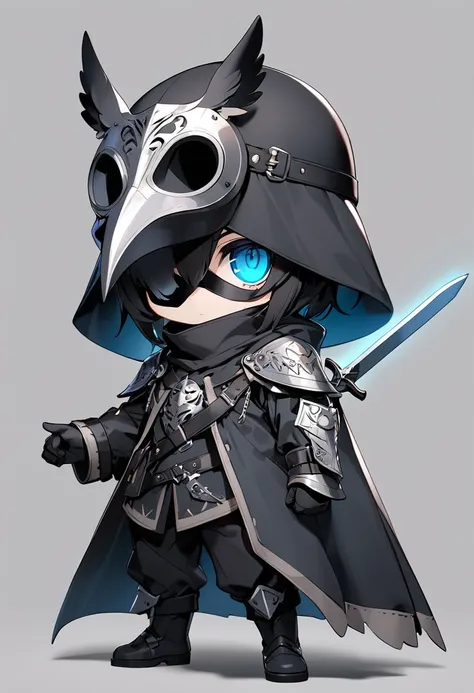 (masterpiece, best quality),a knight kid, he wears owl motif knight armor and (owl motif helmet),hero pose,with sword,fullbody,simple background, BREAK (chibi-boy,(plague-doctor mask),eyes glow blue,),octane rendering,