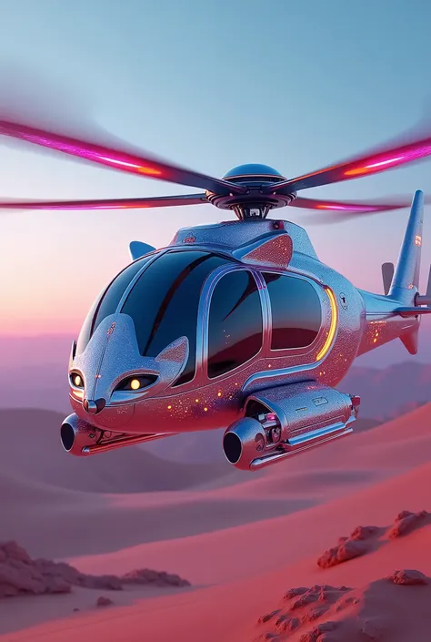 A futuristic, high-tech   hybrid big cat shapeD helicopter  with colouring rotor bldesflying over ocean, showcasing a mesmerizing fusion of metallic red, blue, and neon pink colors. The cats sleek, fat body features intricately designed cat face symbols, p...