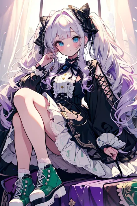 Twin tails、Curly Hair、Trimmed bangs、White blouse、Frills、ribbon、Lace fabric、Lace-up、Miniskirt、Platform sneakers、Long eyelashes、Long nails、Beautiful Face、Frillsとribbonのバック、Mature、Purple Rose、sit、A seductive smile、White Hair、Emerald green eyes