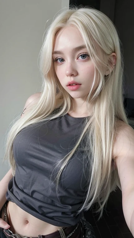 blonde woman with long hair and piercings posing for a photo, with white long hair, with long white hair, perfect white haired girl, ava max, tifa lockhart with white hair, pale porcelain white skin, anime girl in real life,  with white hair, extremely lig...