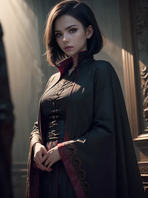 (High image quality: 1.3), Cinematic Shot, masterpiece, (Sharp focus: 1.5), (Realistic: 1.3), Medium Portrait (Beautiful vampire woman, Pale skin, gothic, Still proud、Brave, Straight black short bob hair, Dark appearance, Wearing very elaborate dark clothi...