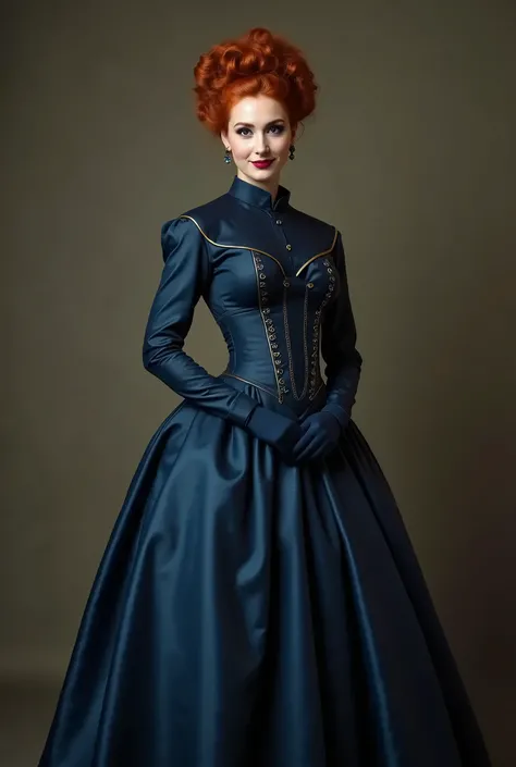 (((Not suitable for work))). A full body shot of a sexy 25-year-old beautiful woman (((sodomized by a horny 69-year-old man:1.5))). year 1900. 1900_dress. Dark blue high collar long sleeve satin bustle dress, , Silk gloves, floor-length high-cut skirt, Pet...