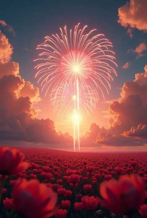 Dramatic fireworks bursting into the summer night sky、A huge explosion of vibrant petals blooming across a vast expanse、Breathtaking、Cinematic、(Best Quality、4K、8k、High resolution、masterpiece:1.2)、Super detailed、(Real、Photorealistic、Photorealistic:1.37)、Det...