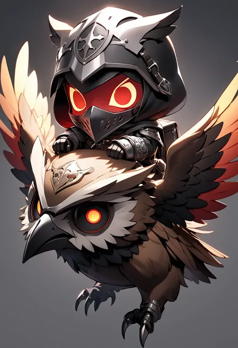 (masterpiece, best quality),a knight kid, he wears owl motif knight armor and (owl motif helmet),hero,riding on back of griffon,griffon,fullbody,simple background, BREAK (chibi-boy,(plague-doctor mask),eyes glow red,),octane rendering,