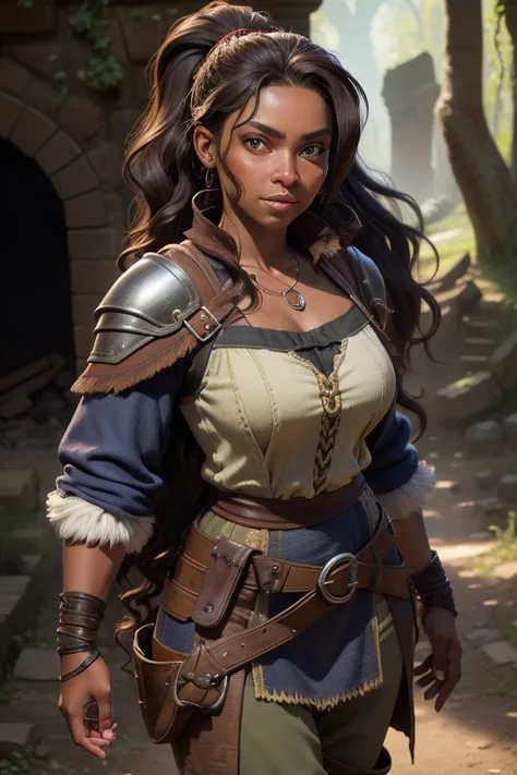 High-quality ultra-realistic image of a woman. She is Taino. Dark skinned woman, Afro-American, ((Dark brown hair) and (long and wavy hair) and (ponytail)), dark eyes.  ((lite armor and thiefs clothing)) and inspired by skyrim), harem pants, tank top, jack...