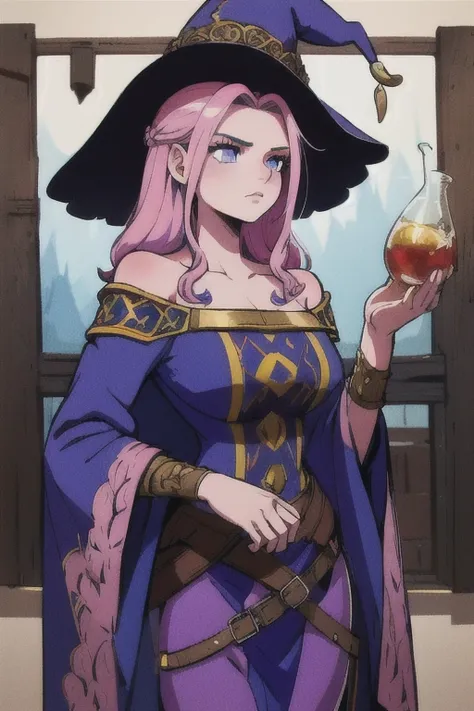 Girl 19 years old, pink hair, blue colored eyes, long hair, muscular, purple witch hat, viking leather skirt, bear skin clothes. Purple cropped one shoulder long sleeve. Feel like alchemy with colored liquids. em um campo verdejante, Riu.