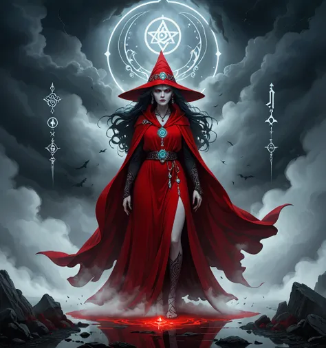 a sinister old witch with a piercing gaze, full body from foot to head dressed in a crimson red robe, esoteric symbols and glowing runes floating ominously around her, mist and fog rising from the ground at her feet, highly detailed linear art drawing, mas...