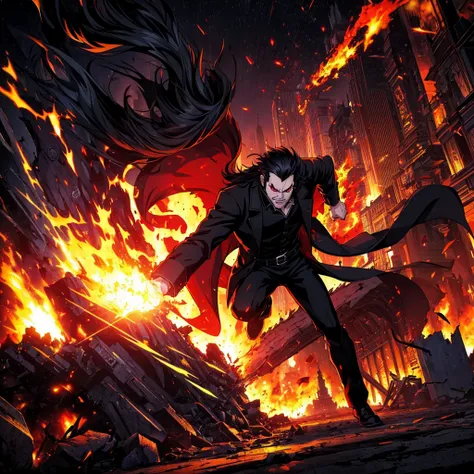 masterpiece, 1 man, A night with black flames, an adult man with long hair, black pants, black gabardine coat, red eyes, dynamic pose, whole body, angry, Destroyed city, High resolution, estilo Western Animation Diffusion