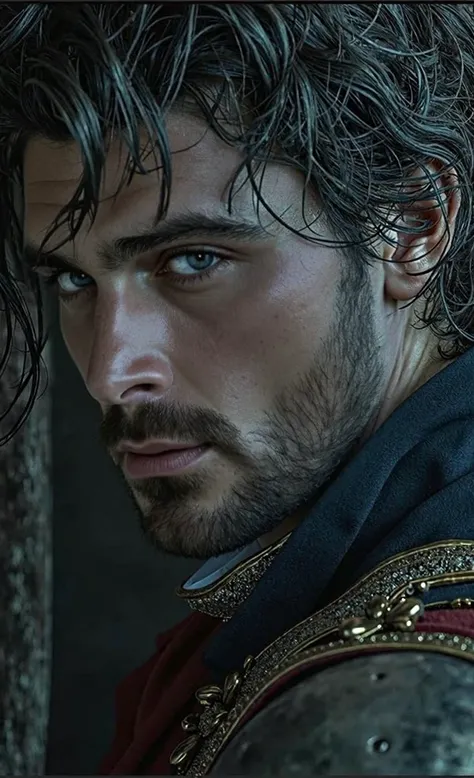 A close up of Michele Morrone with her messy dark hair falling over her face, highlighting her intense brown eyes that convey determination and mystery. Her skin glows under a soft light, while his expression is serious and focused. He wears elegant armor ...