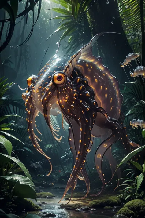 predator creature like with ((six legs)) creature with transparent and lighting body, walking on all six legs, (((cuttlefish head))), ((four eyes)),jellyfish transparent body, six leghs, in the jungle, jungle, rain forest, high image quality, realistic loo...