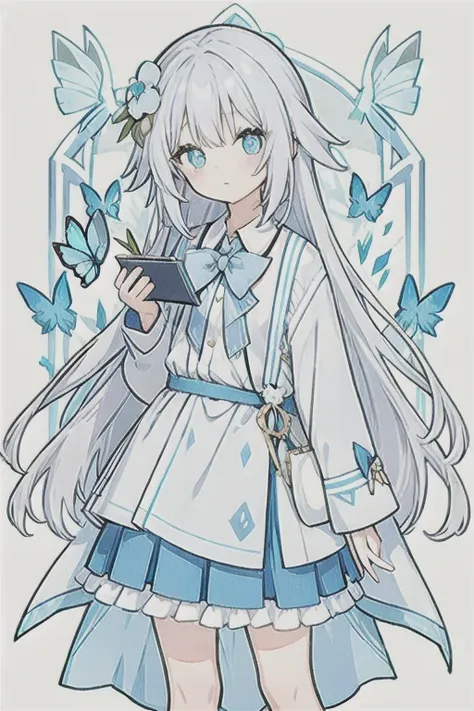 ・Watercolor・White Hair、Very long hair, light blue left eye、Grey right eye, flower-shaped pupil, loose-fitting blouse, light blue cardigan, light blue skirt, grey ribbon on collar, young girl, cute, docile, light blue flower field, light blue bouquet, light...