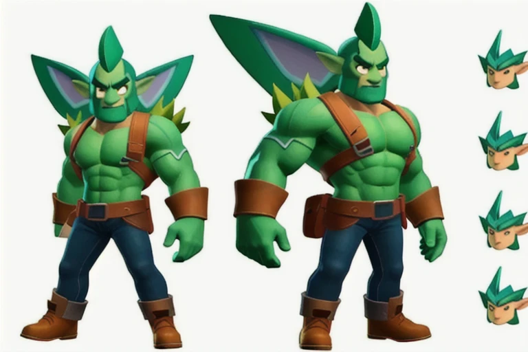 Cartoon aspect ratio, A muscular green goblin, with pointy ears and big, bright eyes, character sheet,full body,low poly,The head to body ratio is 1:1