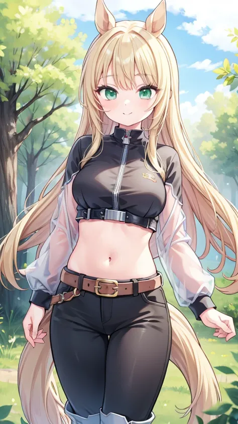 (horse:1.3), pants, Cowboy shooting, 1 Girl, blond, Long hair, Green eyes, Solitary, Ahog,midriff, boots, Smile, Umbilical cord,belt, Lysis, rest, 