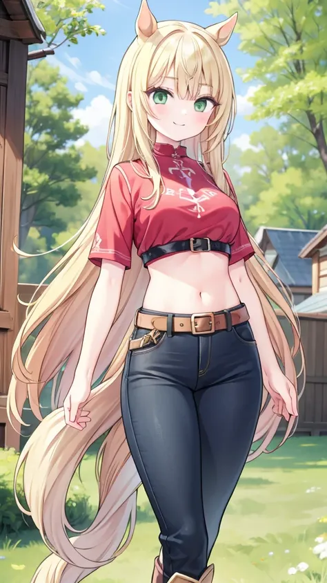 (horse:1.3), pants, Cowboy shooting, 1 Girl, blond, Long hair, Green eyes, Solitary, Ahog,midriff, boots, Smile, Umbilical cord,belt, Lysis, rest, 