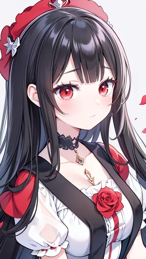 Anime girl with long black hair and white dress with red roses, Gu Weiss, Gu Weiss on pixiv artstation, Exquisite digital animation art, Beautiful anime girl, Gu Weiss on artstation pixiv, Anime style 4K, Guys, Beautiful anime portrait, Detailed portrait o...