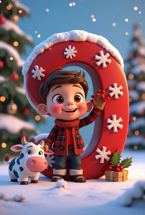 Can you create me an image with the number 9? , a cow, a brown-haired boy with brown eyes, pixar style and christmas 