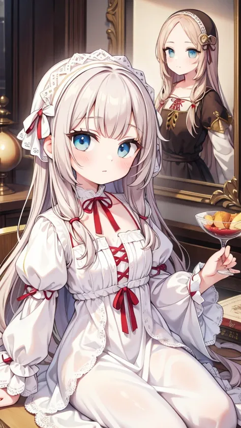 À la Fed image of a girl in a white lace dress and Leonardo da Vinci&#39;s notebooks in the background, Attractive young elegant figure, Magical Girl Images, Portrait of a young witch girl, Girl in steampunk clothes, Music girl in lace clothes, Natalia Del...