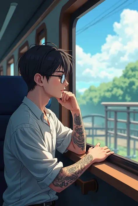 Handsome man looking out the window of a train he is traveling on, his face of tranquility, His tattoo on his arm is noticeable and he has straight hair like a book hairstyle and square glasses, anime style 