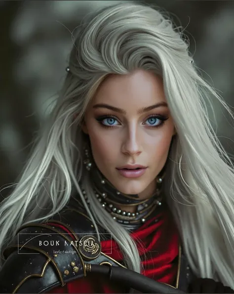 A striking, ethereal woman resembling Daisy Keech stands in the image, her long silver-white hair flowing loosely around her face. Her intense, glowing yellow eyes seem to pierce through the viewer with a supernatural presence. She is dressed in dark, intr...