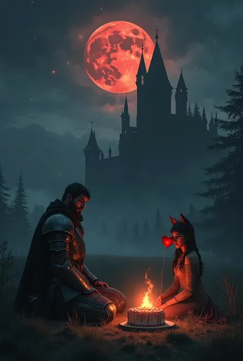 A green field with long trees in the background with a well detailed sky with clouds and stars with a dark medieval ruined castle in a night with a campfire and a handsome knight standing with a birthday cake and a heart balloon for a woman with cat ears a...