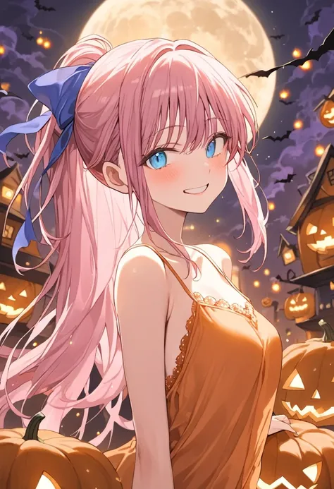 ((masterpiece、Best Quality))woman、small胸、young、small、cute、young、Idol、Light pink hair、Ponytail Style、Light blue eyes、Blue ribbon、smile、Red cheeks、Teary-eyed、White breath、Orange inner camisole、Many hearts are falling、pumpkin、Halloween、Wolf Girl、Big Moon、Lots...