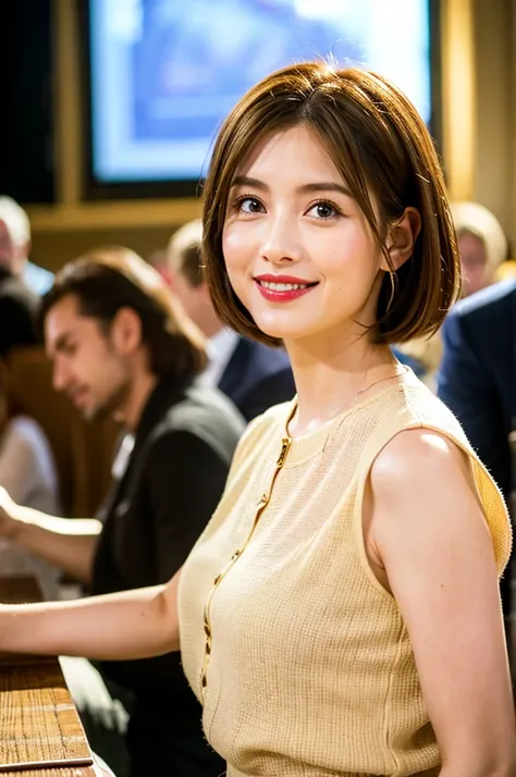 ((White Wine)),((Wine Glasses)),(Realistic, 超Realistic:1.4), 16K HDR, High resolution,((White Wine)),((Wine Glasses)),Happy smile、short hair,The best smile、Japanese actress,so beautiful(It looks like the real thing),dress、Slim couple、Model Couple、(Realisti...