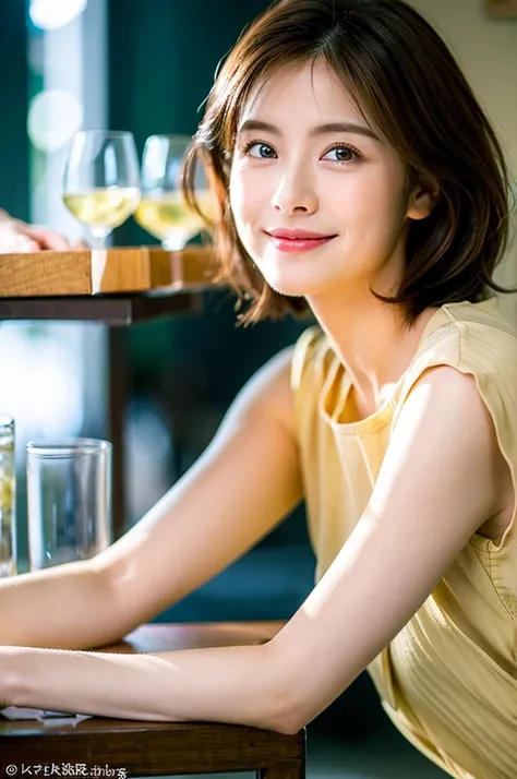 ((White Wine)),((Wine Glasses)),(Realistic, 超Realistic:1.4), 16K HDR, High resolution,((White Wine)),((Wine Glasses)),Happy smile、short hair,The best smile、Japanese actress,so beautiful(It looks like the real thing),dress、Slim couple、Model Couple、(Realisti...