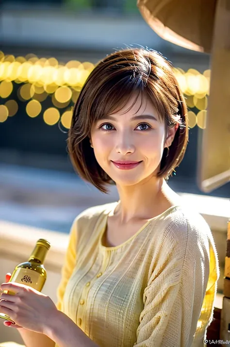 ((White Wine)),((Wine Glasses)),(Realistic, 超Realistic:1.4), 16K HDR, High resolution,((White Wine)),((Wine Glasses)),Happy smile、short hair,The best smile、Japanese actress,so beautiful(It looks like the real thing),dress、Slim couple、Model Couple、(Realisti...