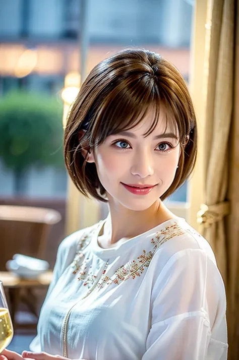 ((White Wine)),((Wine Glasses)),(Realistic, 超Realistic:1.4), 16K HDR, High resolution,((White Wine)),((Wine Glasses)),Happy smile、short hair,The best smile、Japanese actress,so beautiful(It looks like the real thing),dress、Slim couple、Model Couple、(Realisti...