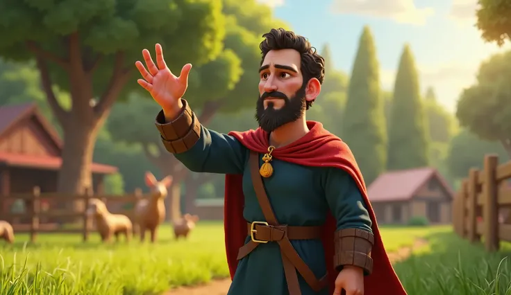 Disney-Pixar 3D style scene, on Jobs farm, with trees and green grass in the background. Job, a 50-year-old man with a square face, dark brown eyes, short beard and curly hair, wears a dark blue tunic and a red cloak. He waves gently by raising one of his ...