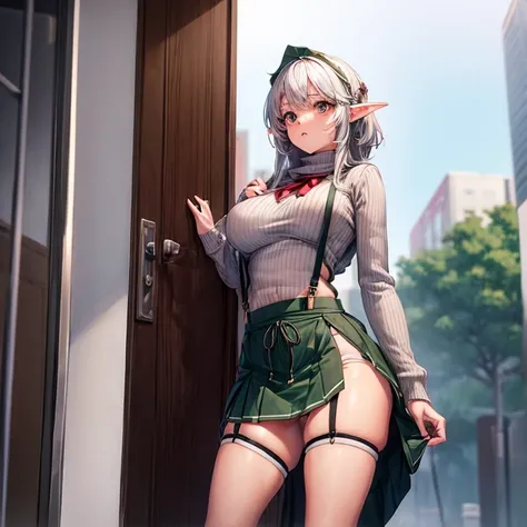 (((Penis sticking out from skirt)))　Woman with a growing penis　Brown skinned elf　Huge breasts　sweater　Mini skirt with suspenders　Drawstring shorts　Gray Hair