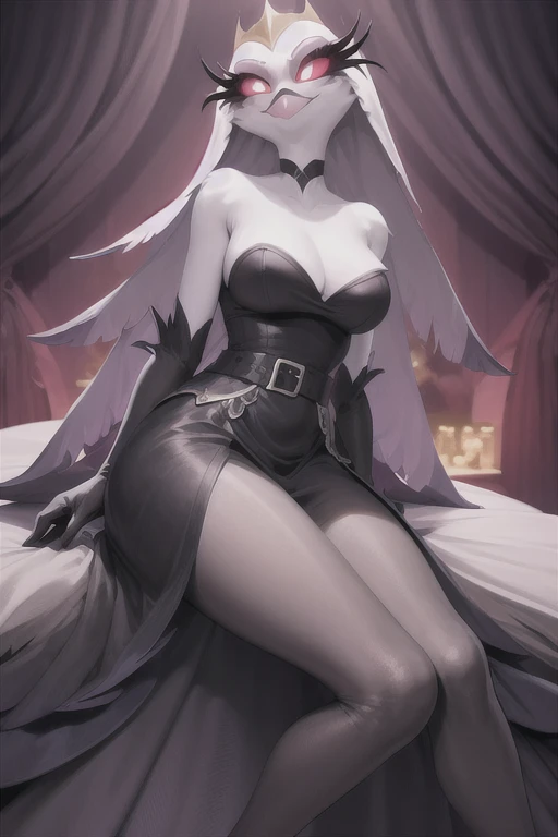 (best quality, masterpiece:1), furry female anthro stella, owl, portrait, stelladress, white dress, black belt, smile, cape covering whole body, black cape, hoods covered head, night, sitting, closed mouth, smile, wide-eyed, white pupils, elbow gloves (dim...