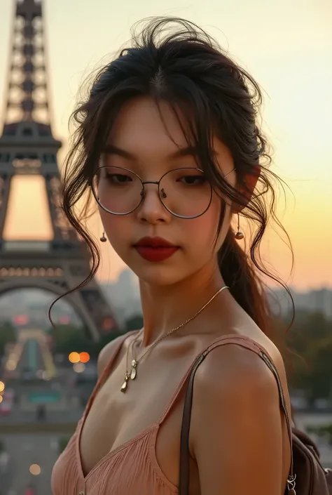 a young Asian lady in a fashionable outfit, standing in front of the eiffel tower in paris, beautiful detailed eyes, beautiful detailed lips, extremely detailed eyes and face, long eyelashes, elegant dress, natural lighting, intricate details, cinematic li...