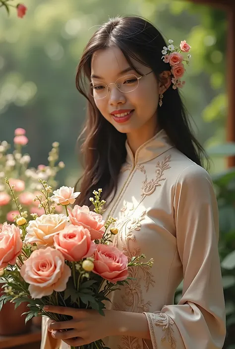 a photo full-body shot of 1girl,beautiful detailed eyes,beautiful detailed small lips,extremely detailed face,long flowing hair,traditional vietnamese ao dai dress,buying flowers,smiling,soft gentle expression,natural lighting,detailed floral bouquet,intri...