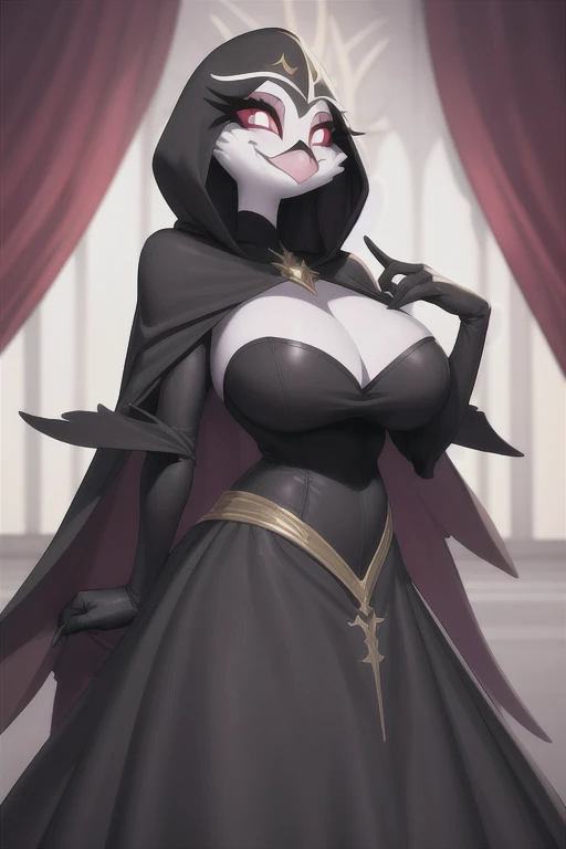 (best quality, masterpiece:1), furry female anthro stella, smile, cape covering whole body, black cape, hoods covered head, closed mouth, smile, wide-eyed, white pupils, (dimly lit fancy formal ball background:1.0), 