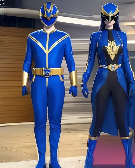 A woman blue rangers, blue ranger suit, as she power rangers blue, full body , helmet mask, long hair, high detailed, realistic, gloves, ultra realistic, ((full face helmet)), black shield sunglasses on eyes, smart black sunglasses 