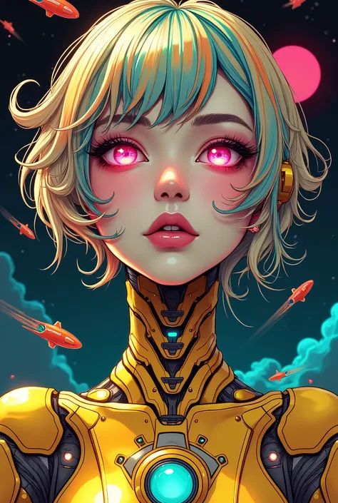 ((best quality)), ((masterpiece)), (detailed), perfect face of cyberpunk mecha japanese girl, neon rainbow eyes, metallic gold body, rainbow hair, ((monochromatic neon rainbow color palette)), surreal, art nouveau, in the illustrative style of moebius, spa...