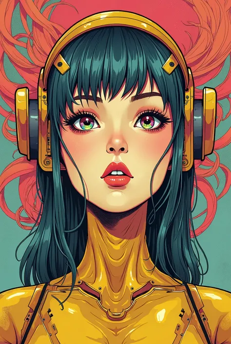 ((best quality)), ((masterpiece)), (detailed), perfect face of cyberpunk mecha japanese girl, neon rainbow eyes, metallic gold body, rainbow hair, ((monochromatic neon rainbow color palette)), surreal, art nouveau, in the illustrative style of moebius, spa...