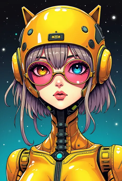 ((best quality)), ((masterpiece)), (detailed), perfect face of cyberpunk mecha japanese girl, neon rainbow eyes, metallic gold body, rainbow hair, ((monochromatic neon rainbow color palette)), surreal, art nouveau, in the illustrative style of moebius, spa...