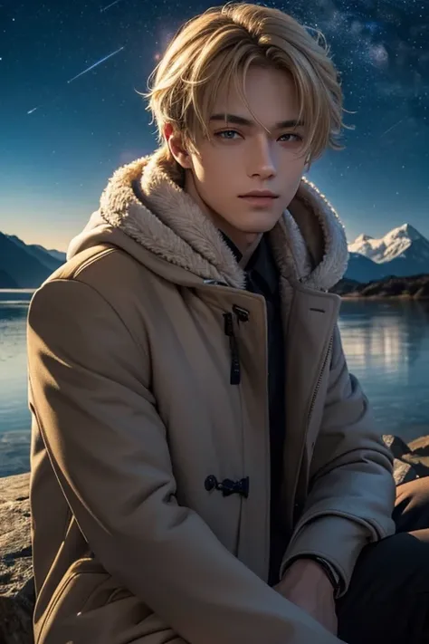 masterpiece, Best Quality, (Perfect Face:1.1), (high detail:1.1),male，Handsome,Blonde，Wolf Cut，Smooth Hair，Grey Eyes，midnight，There are stars in the sky，Detailed landscape，Sitting and looking at the sky，Upper Body，Strong winds，Winter coat，Wearing a hood，Wi...