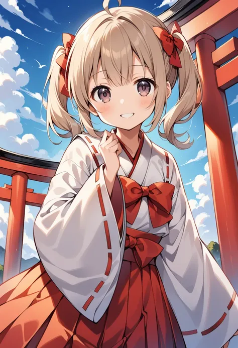 1 cute girl,
(light brown hair, medium hair, pigtails hair, ahoge, dark red bow),
(dark gray eyes, tareme),
smile,
parted lips,

looking at viewer,

(white Miko costume),
(red long Hakama skirt),

cowboy shot, solo, 

(depth of field),
noon sky, little clo...