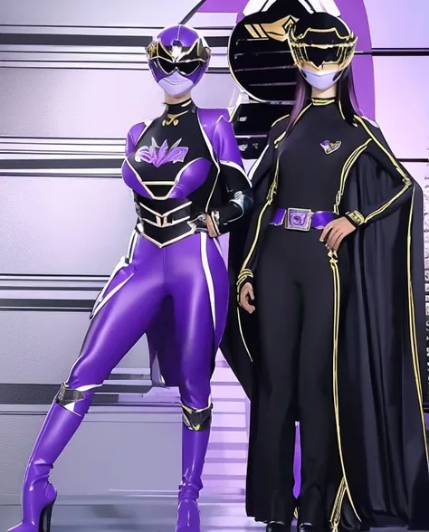 A woman violet rangers, violet ranger suit, as she power rangers violet, full body , helmet mask, long hair, high detailed, realistic, gloves, ultra realistic, ((full face helmet)), black shield sunglasses on eyes, smart black sunglasses 