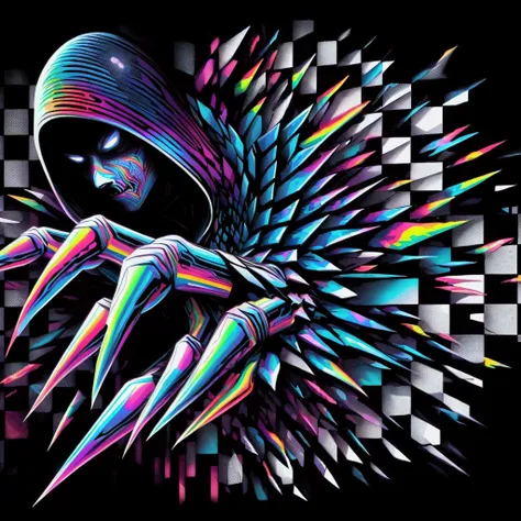 a close up of a person with a hoodie and claws on, in the style dan mumford artwork, inspired by Dan Mumford, dan mumford and alex grey style, kilian eng vibrant colors, kilian eng vibrant colours, dan mumford paint, multicolored vector art, hyperbeast des...