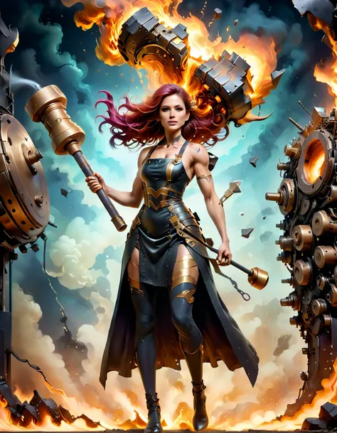 (sfw), (wide angle), 1woman, goddess of the forge, Hephaestus, ((blacksmith woman)), middle-aged woman in her 40s, slim toned physique, medium length wavy crimson hair that ombres to black, (red to black ombre hair), burn scars on chest and arms, (wearing ...