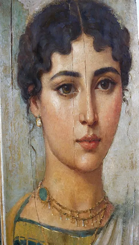 a close up of a peinture dune femme with a necklace, Portrait de Fayum, portrait de Cléopâtre, portrait de Cléopâtre, portrait de momie, princesse libu antique, peinture byzantine, Peinture romaine antique, tempera sur bois, portrait de Méga, portrait d&#3...