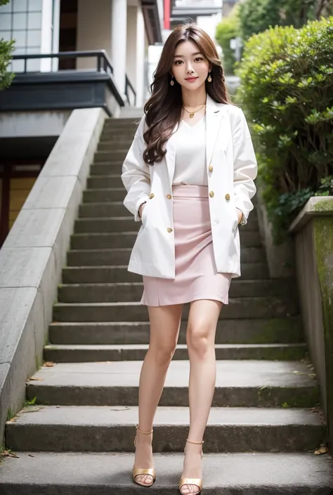 A very beautiful Japanese woman, 25 years old, dressed neatly, coming down the circular stairs（White jacket, pink silk blouse with two buttons undone, long brown hair, wavy hair, earrings, gold necklace, large, soft breasts, pale navy tight skirt, black he...